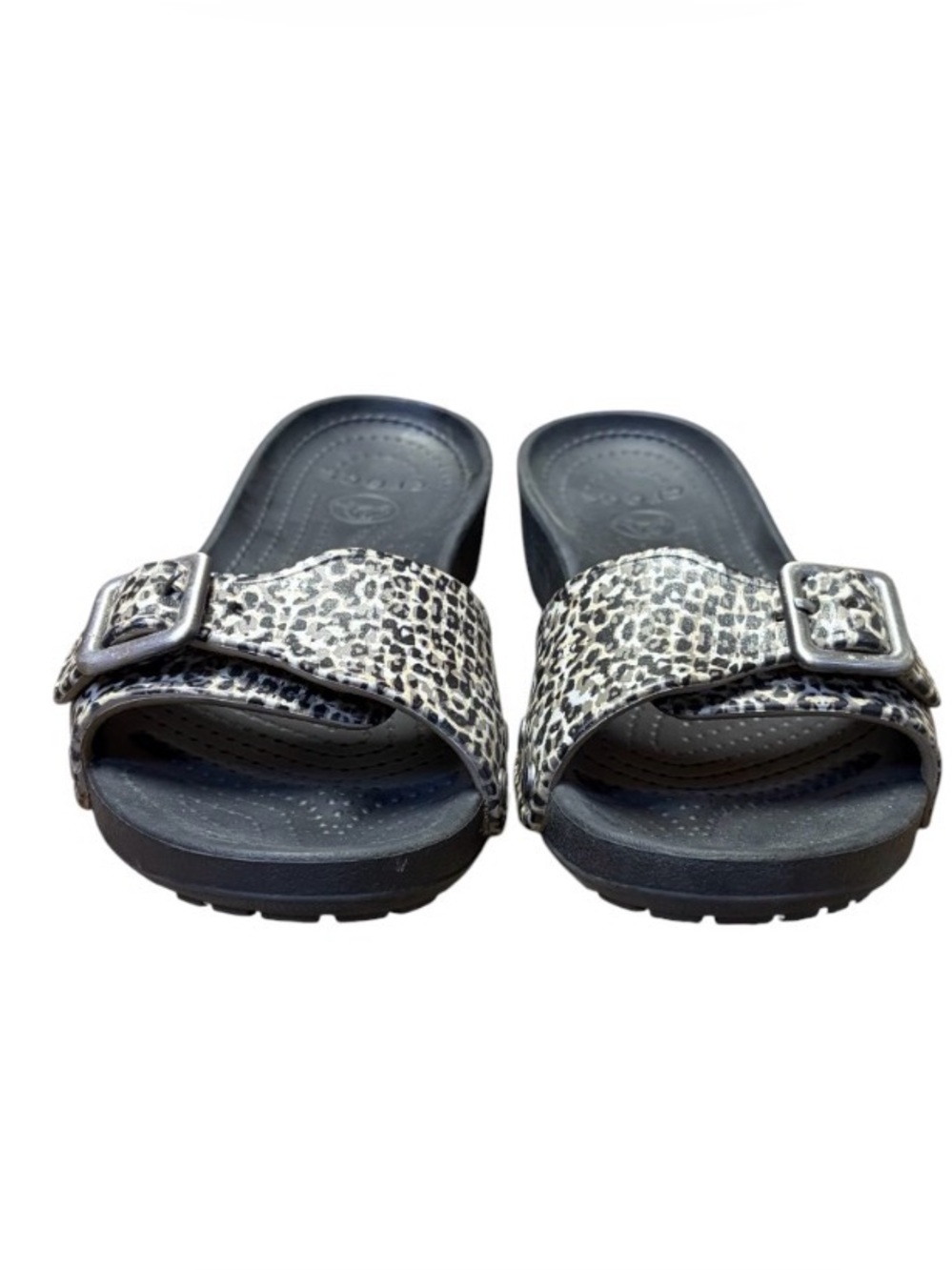 Crocs Sarah Leopard Print Slides Womens 10 Black Beige Buckle Sandals - Picture 3 of 10